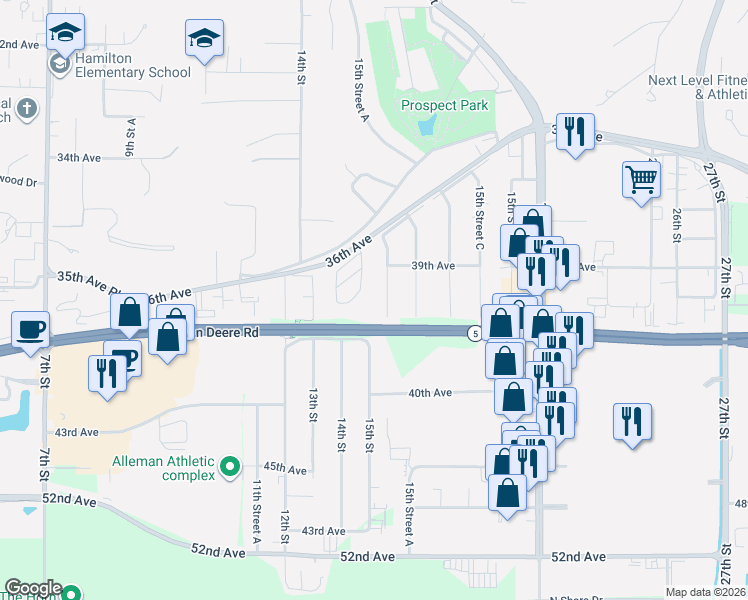 map of restaurants, bars, coffee shops, grocery stores, and more near 3837 15th Street in Moline