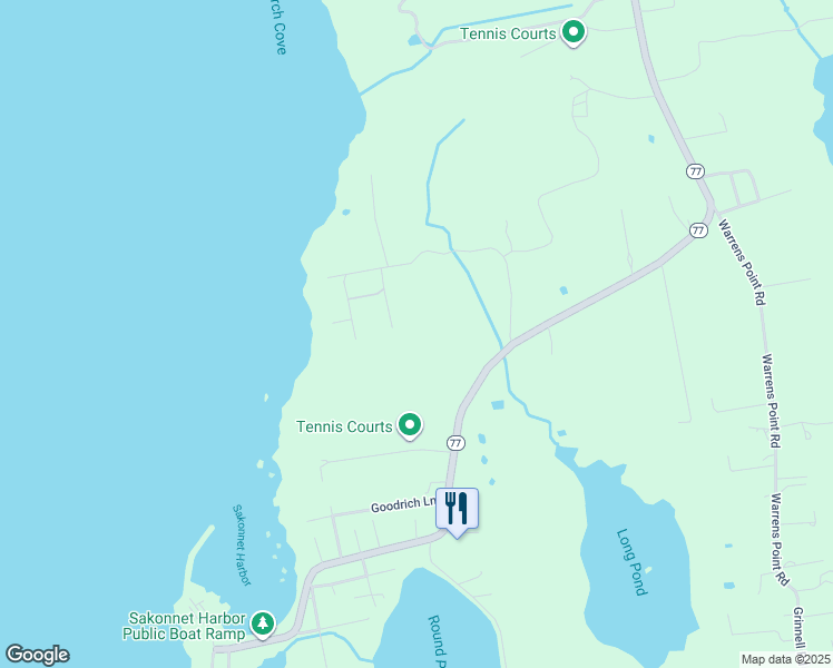 map of restaurants, bars, coffee shops, grocery stores, and more near 54 Baileys Ledge Road in Little Compton