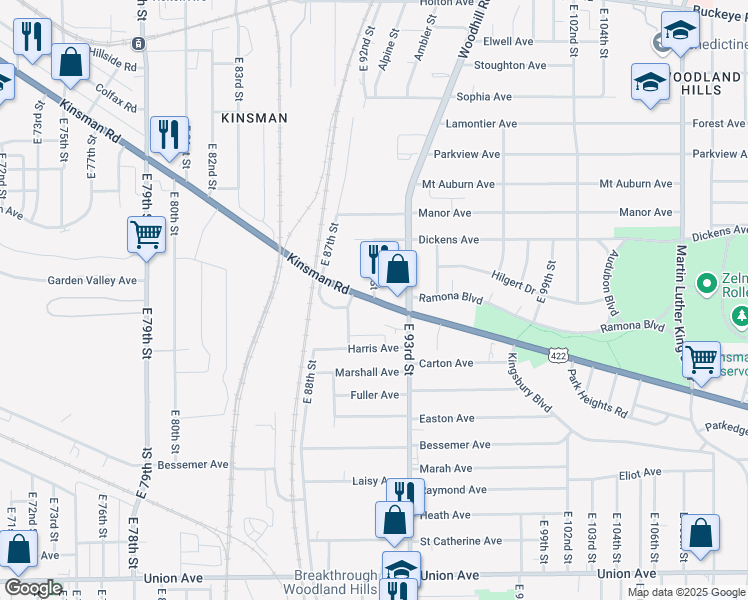 map of restaurants, bars, coffee shops, grocery stores, and more near OH-8 & E 91st St in Cleveland