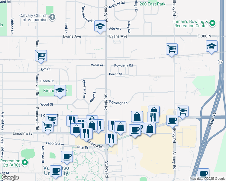 map of restaurants, bars, coffee shops, grocery stores, and more near 404 Sturdy Road in Valparaiso