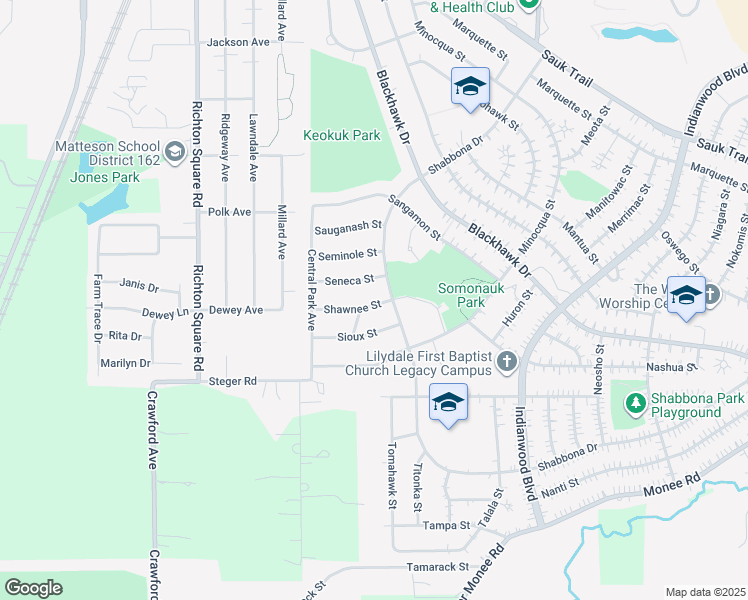 map of restaurants, bars, coffee shops, grocery stores, and more near 304 Shawnee Street in Park Forest