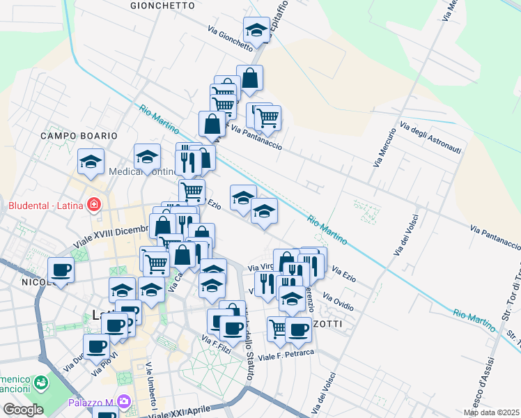 map of restaurants, bars, coffee shops, grocery stores, and more near 19 Via Ezio in Latina