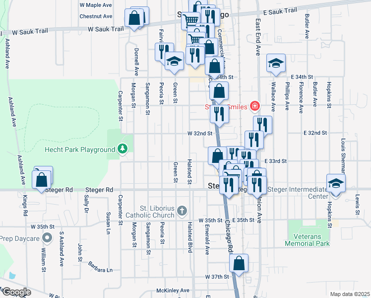 map of restaurants, bars, coffee shops, grocery stores, and more near 3239 Halsted Street in Steger