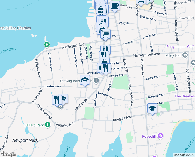 map of restaurants, bars, coffee shops, grocery stores, and more near 16 Carroll Avenue in Newport