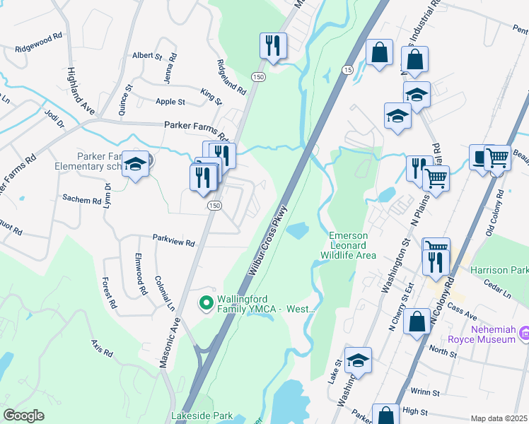 map of restaurants, bars, coffee shops, grocery stores, and more near Wilbur Cross Parkway in Wallingford