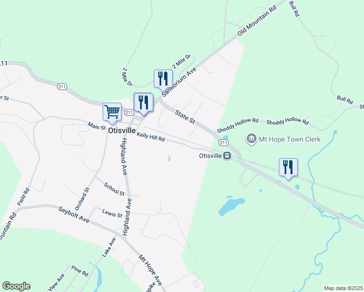 map of restaurants, bars, coffee shops, grocery stores, and more near 10-30 Kelly Hill Road in Otisville