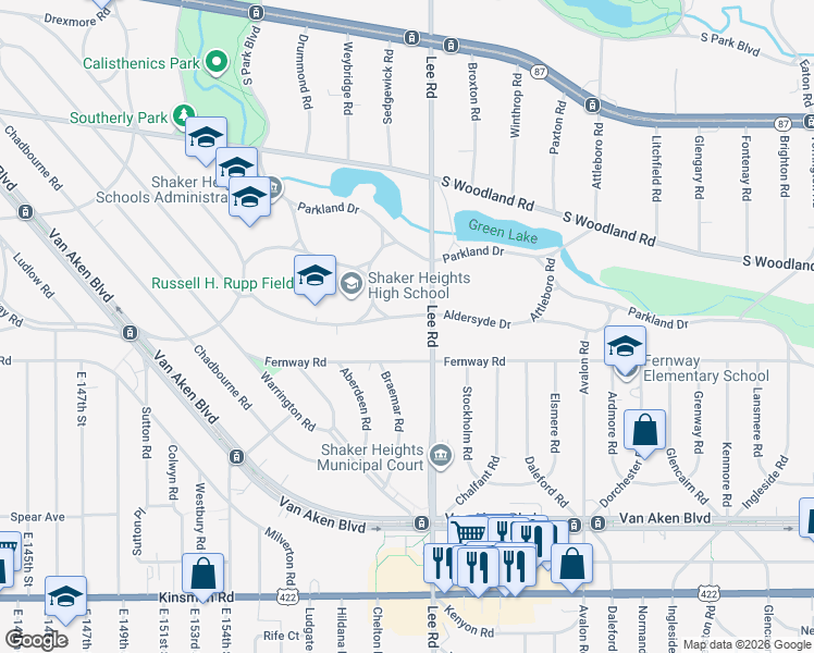 map of restaurants, bars, coffee shops, grocery stores, and more near 16505 Fernway Road in Shaker Heights