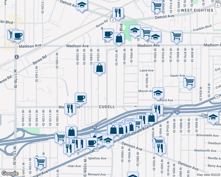 map of restaurants, bars, coffee shops, grocery stores, and more near 2180 West 101st Street in Cleveland
