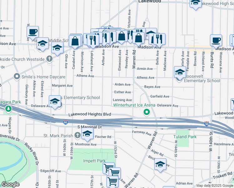 map of restaurants, bars, coffee shops, grocery stores, and more near 15126 Lanning Avenue in Lakewood