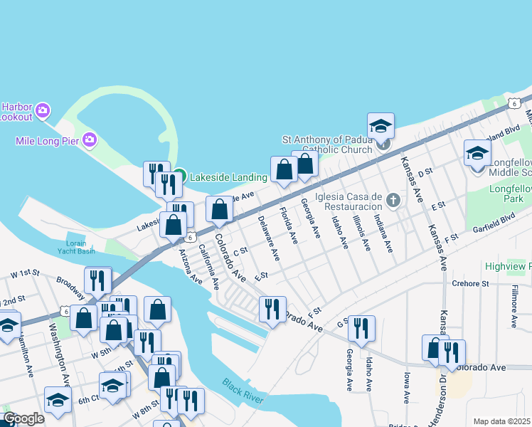 map of restaurants, bars, coffee shops, grocery stores, and more near 222 Florida Avenue in Lorain