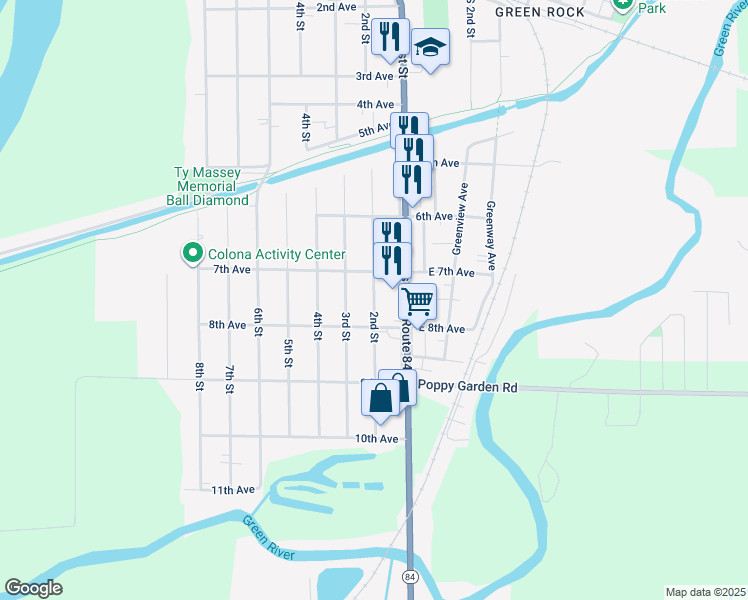 map of restaurants, bars, coffee shops, grocery stores, and more near 716 3rd Street in Colona