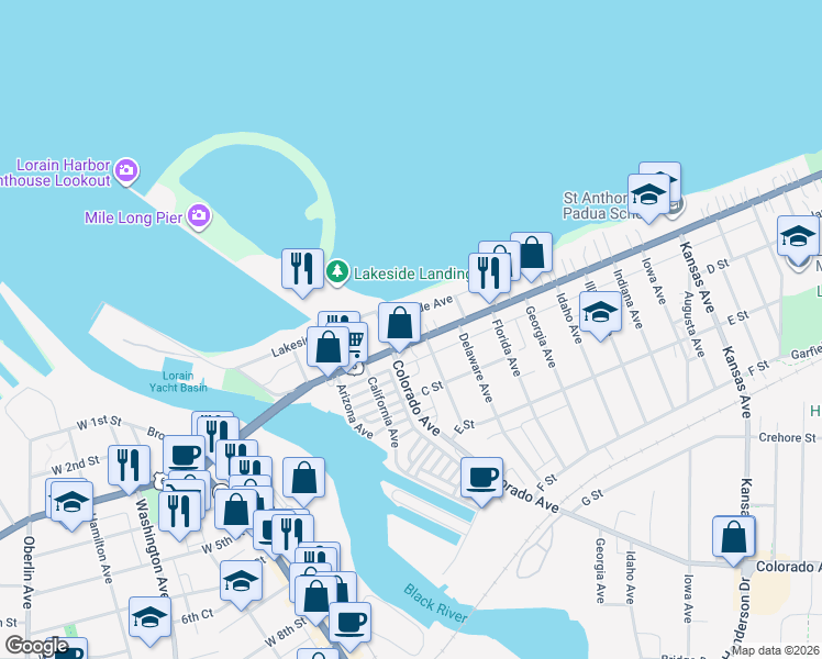 map of restaurants, bars, coffee shops, grocery stores, and more near 524 East Erie Avenue in Lorain