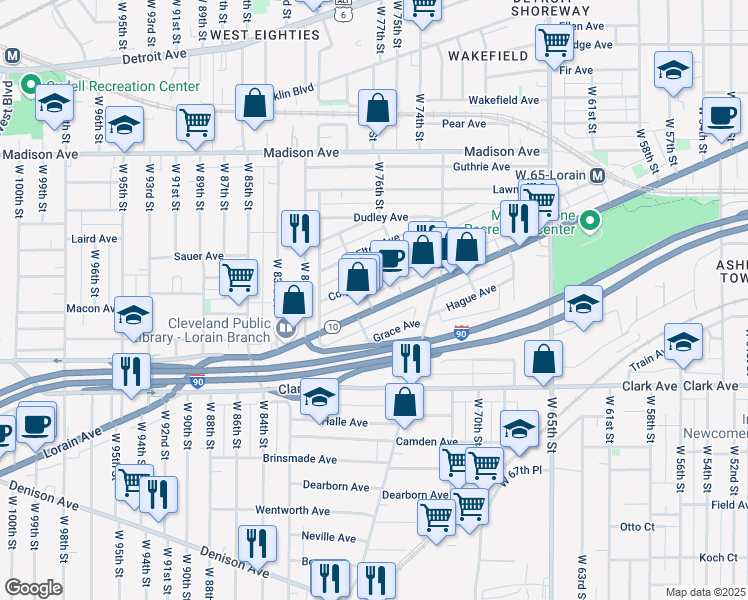 map of restaurants, bars, coffee shops, grocery stores, and more near 7821 Lorain Avenue in Cleveland