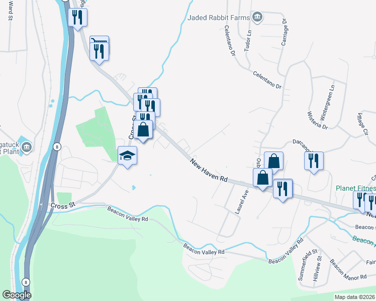 map of restaurants, bars, coffee shops, grocery stores, and more near 866 New Haven Road in Naugatuck