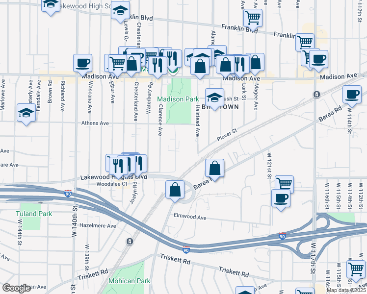 map of restaurants, bars, coffee shops, grocery stores, and more near 13001 Athens Avenue in Lakewood