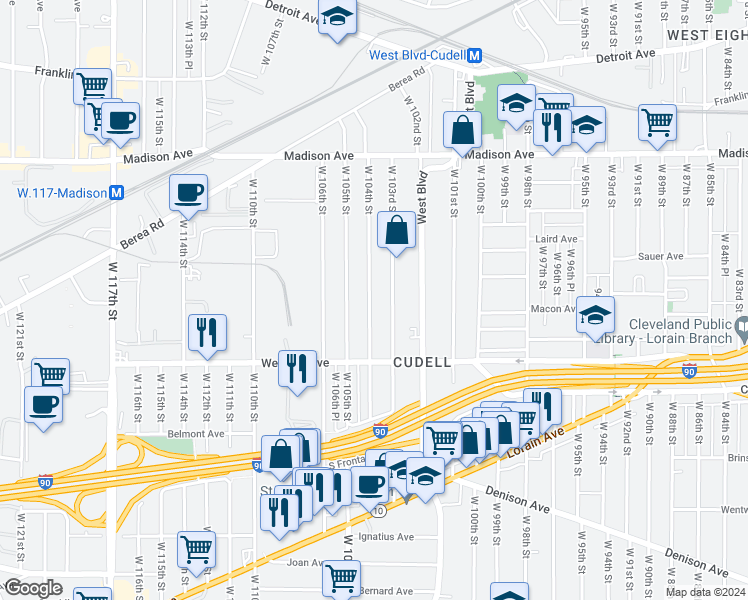 map of restaurants, bars, coffee shops, grocery stores, and more near 2167 West 104th Street in Cleveland