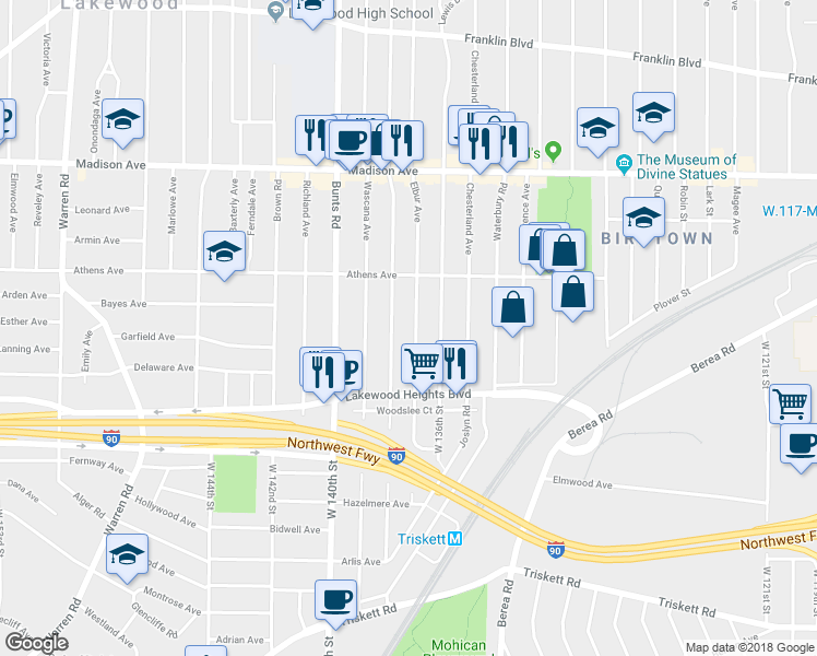 map of restaurants, bars, coffee shops, grocery stores, and more near 2160 Elbur Avenue in Lakewood