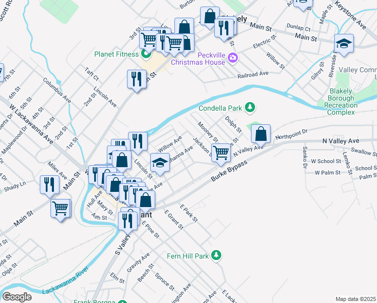 map of restaurants, bars, coffee shops, grocery stores, and more near 308 Olyphant Court in Olyphant