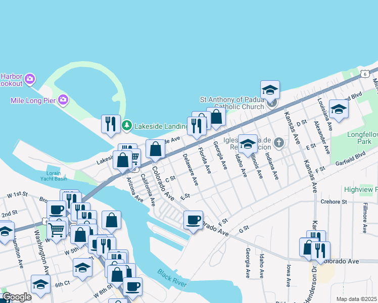 map of restaurants, bars, coffee shops, grocery stores, and more near 222 Florida Avenue in Lorain