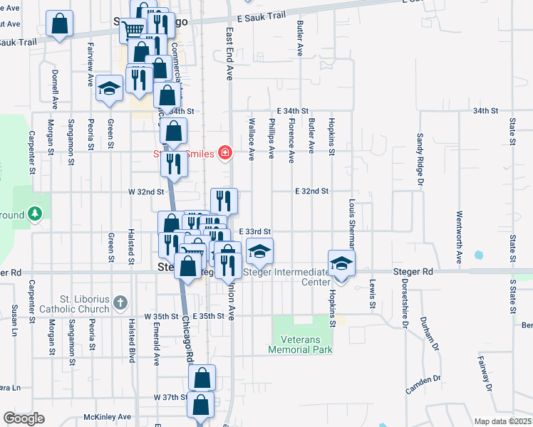 map of restaurants, bars, coffee shops, grocery stores, and more near 3237 Wallace Avenue in Steger