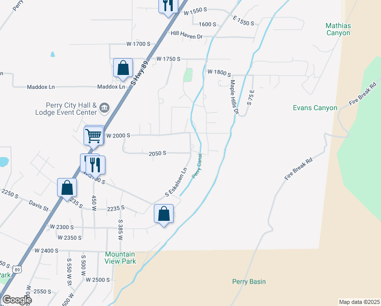 map of restaurants, bars, coffee shops, grocery stores, and more near 2049 South 100 West in Perry