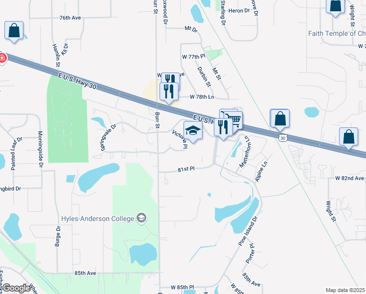 map of restaurants, bars, coffee shops, grocery stores, and more near 5432 Victoria Place in Crown Point