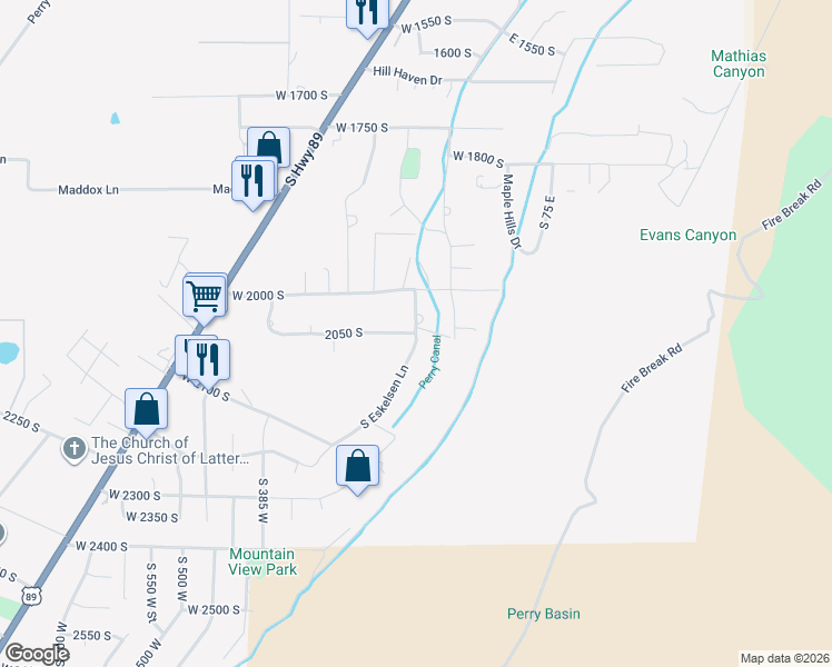 map of restaurants, bars, coffee shops, grocery stores, and more near 2049 South 100 West in Perry