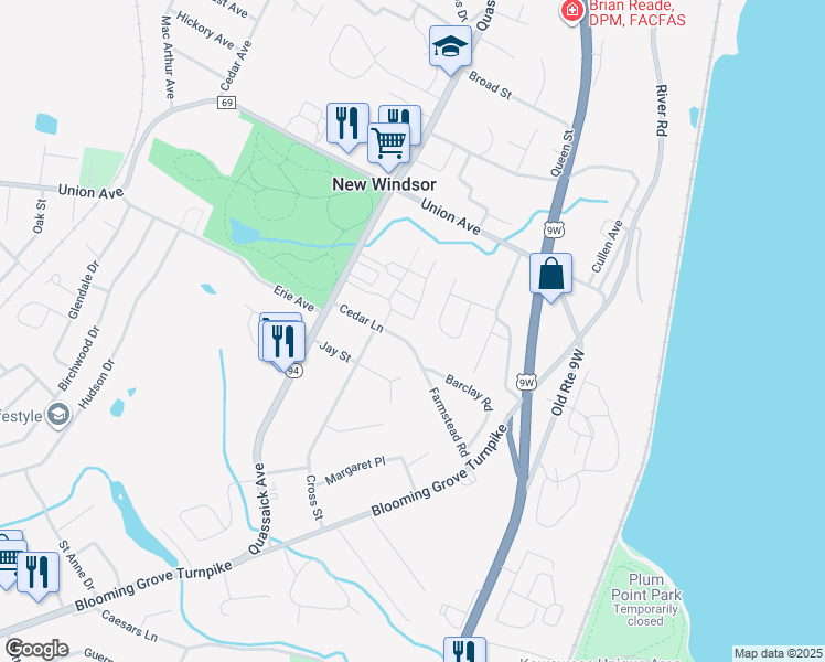 map of restaurants, bars, coffee shops, grocery stores, and more near 43 Cedar Lane in New Windsor