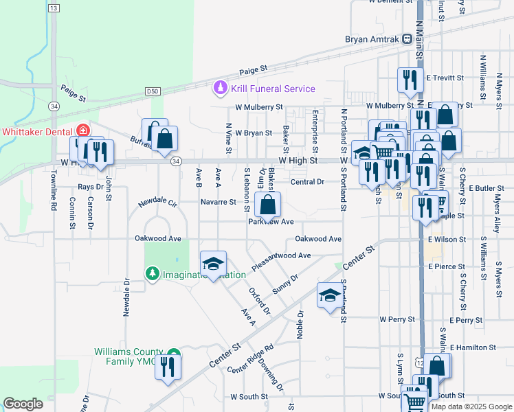 map of restaurants, bars, coffee shops, grocery stores, and more near 630 Parkview Avenue in Bryan