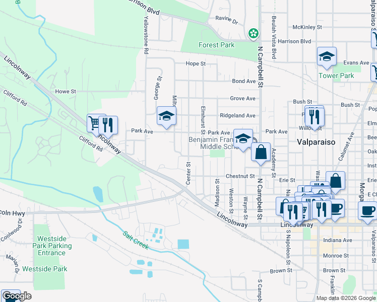 map of restaurants, bars, coffee shops, grocery stores, and more near 405 Center Street in Valparaiso