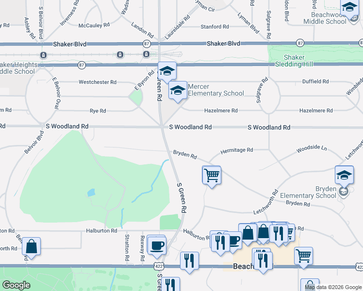 map of restaurants, bars, coffee shops, grocery stores, and more near 23335 Bryden Road in Shaker Heights