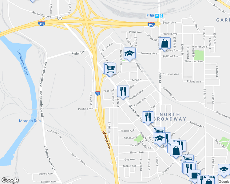 map of restaurants, bars, coffee shops, grocery stores, and more near 4952 Broadway Avenue in Cleveland