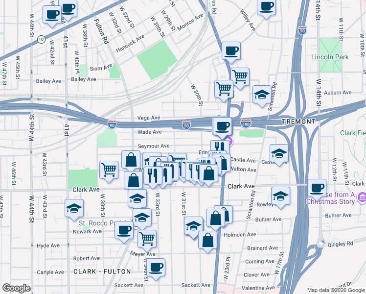 map of restaurants, bars, coffee shops, grocery stores, and more near 3113 Erin Avenue in Cleveland