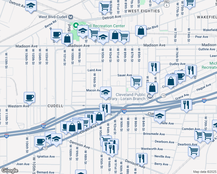 map of restaurants, bars, coffee shops, grocery stores, and more near 2190 West 93rd Street in Cleveland