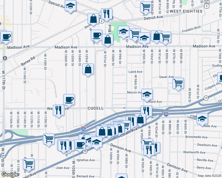 map of restaurants, bars, coffee shops, grocery stores, and more near 2183 West 100th Street in Cleveland