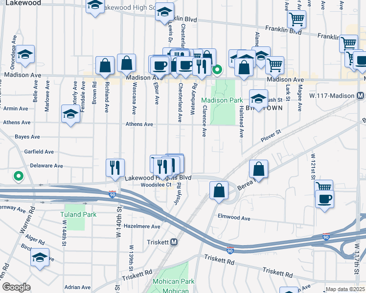 map of restaurants, bars, coffee shops, grocery stores, and more near 2182 Chesterland Avenue in Lakewood