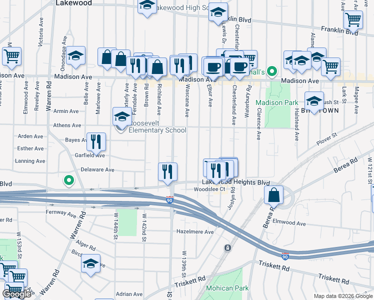 map of restaurants, bars, coffee shops, grocery stores, and more near 2184 Wascana Avenue in Lakewood