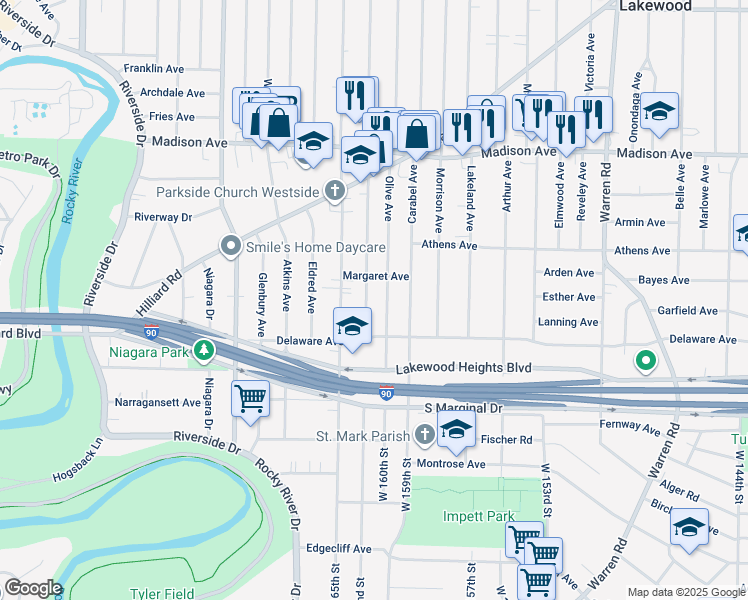 map of restaurants, bars, coffee shops, grocery stores, and more near 2220 Olive Avenue in Lakewood