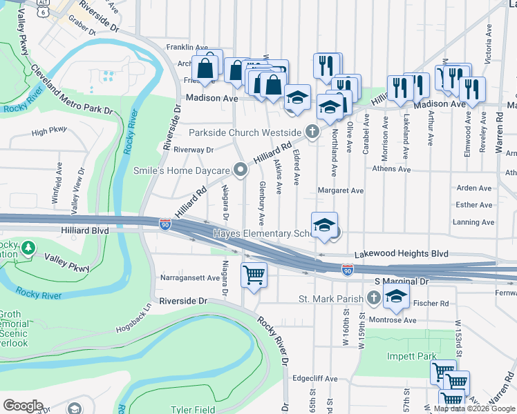 map of restaurants, bars, coffee shops, grocery stores, and more near 2185 McKinley Avenue in Lakewood