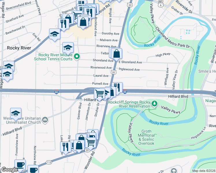 map of restaurants, bars, coffee shops, grocery stores, and more near 19347 Purnell Avenue in Rocky River