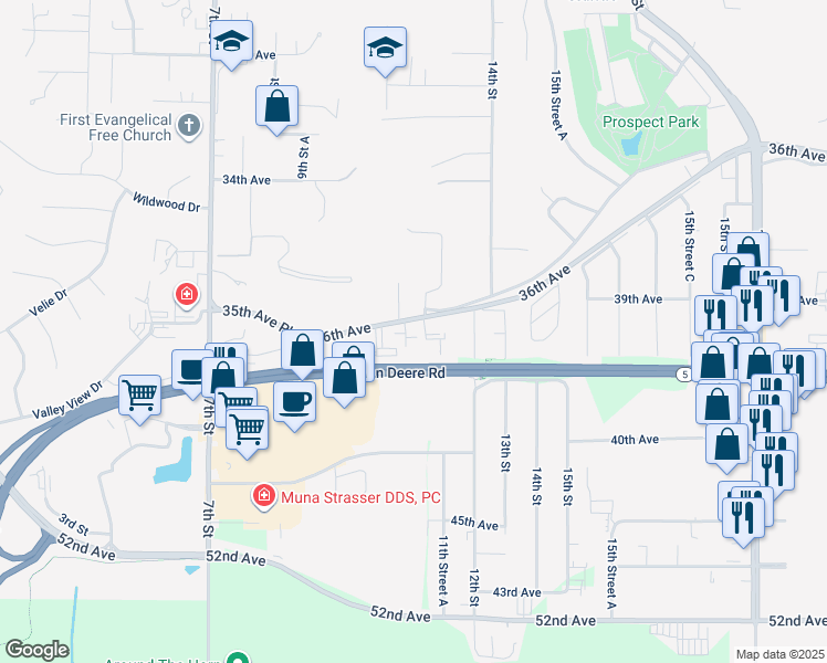 map of restaurants, bars, coffee shops, grocery stores, and more near 1200 36th Avenue in Moline