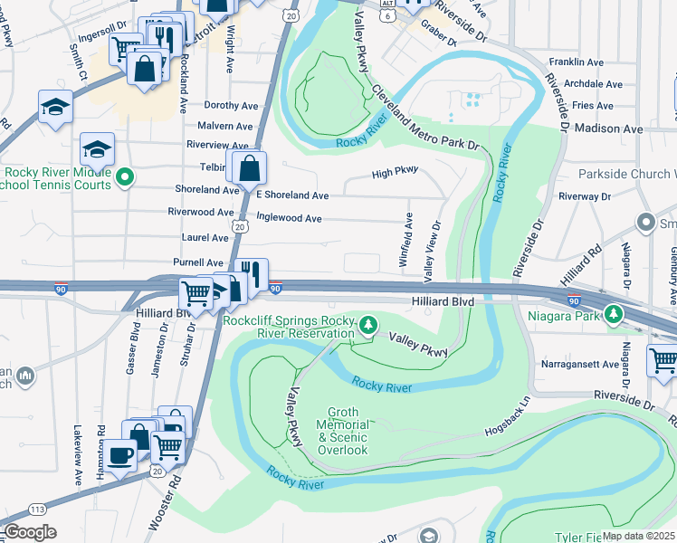 map of restaurants, bars, coffee shops, grocery stores, and more near 2400 Rocky River Oval in Rocky River