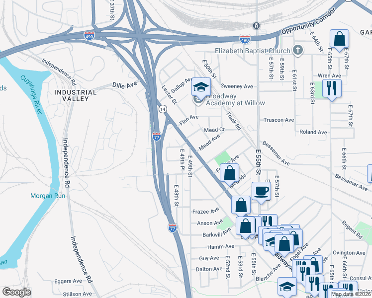 map of restaurants, bars, coffee shops, grocery stores, and more near 3154 East 49th Street in Cleveland