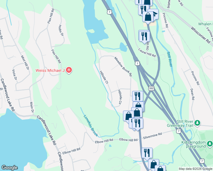 map of restaurants, bars, coffee shops, grocery stores, and more near 2 Hillside Court in Brookfield