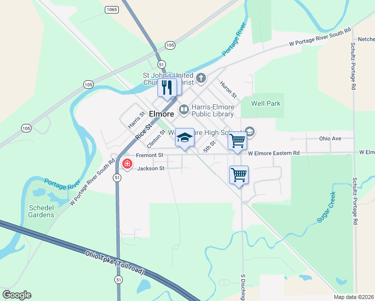 map of restaurants, bars, coffee shops, grocery stores, and more near 323 Ottawa Street in Elmore