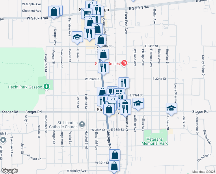 map of restaurants, bars, coffee shops, grocery stores, and more near 3231 Chicago Road in Steger