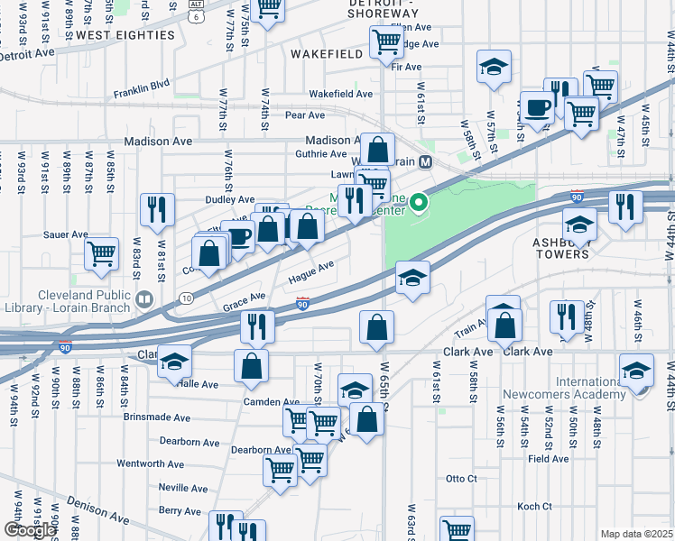 map of restaurants, bars, coffee shops, grocery stores, and more near West 68th Street in Cleveland