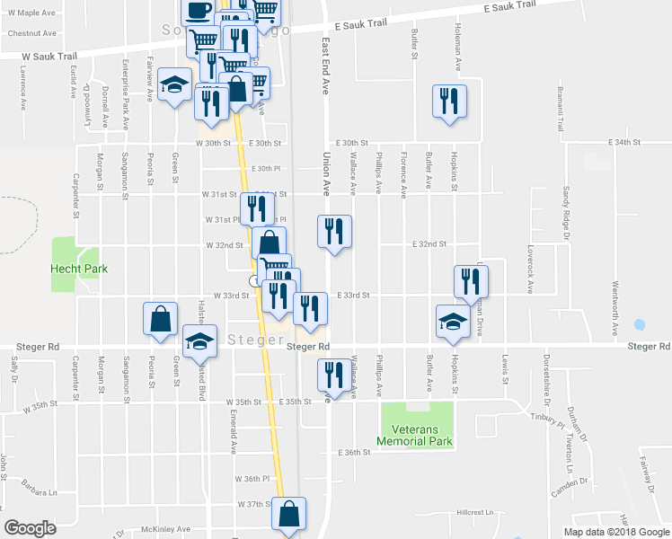 map of restaurants, bars, coffee shops, grocery stores, and more near 3235 Union Avenue in Steger
