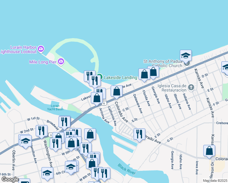 map of restaurants, bars, coffee shops, grocery stores, and more near 115 Colorado Avenue in Lorain