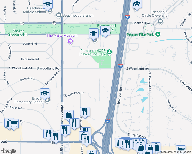 map of restaurants, bars, coffee shops, grocery stores, and more near 3050 Science Park Drive in Beachwood